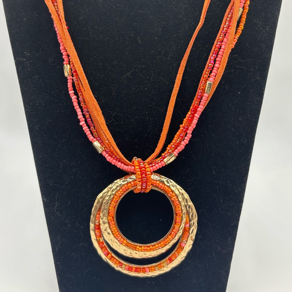 Multi-Strand Orange and Gold-tone Necklace